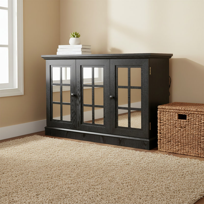 Armoire de rangement de 45 pouces de largeur avec trois portes en miroir en miroir et des armoires latérales avec tablettes réglables, idéales pour les salons, les salles à manger et les cuisines.
