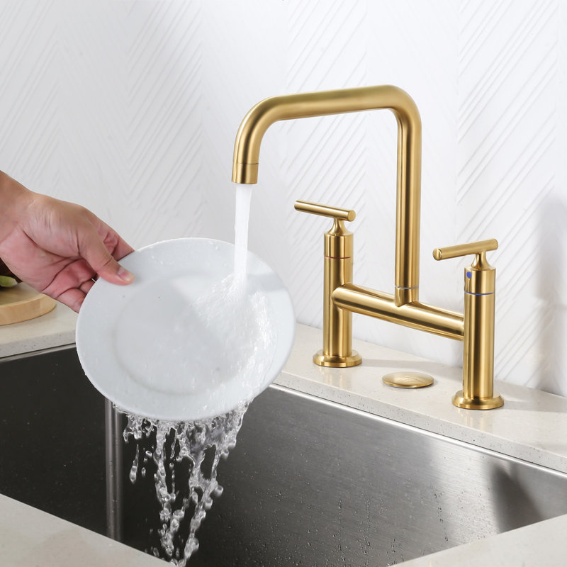 Double Handle 8 Inch Bridge Kitchen Faucet, High Arc Solid Brass 2-Hole Ktichen Faucet, Gold