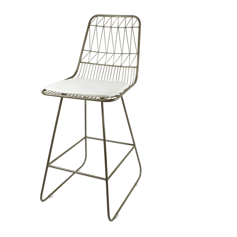 Set of 2 Light Brass Iron Counter Stools with Ivory Cushions