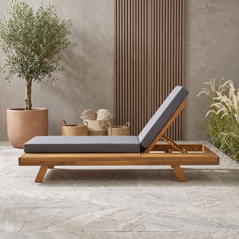 Chaise longue d'extérieur en bois avec coussin, Teck gris foncé