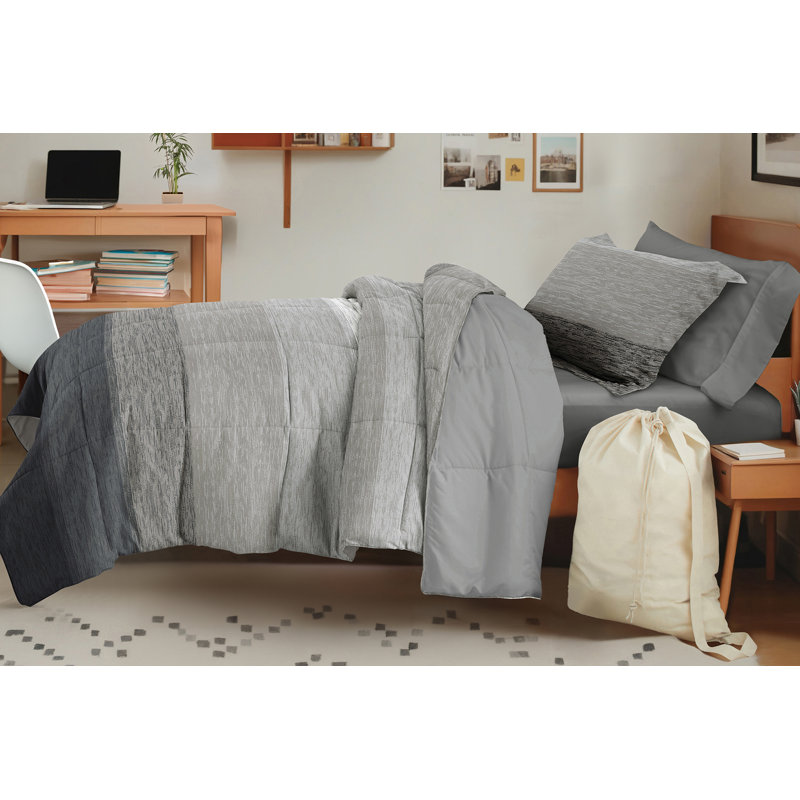 8-PC College Dorm Twin XL Bedding Bundle - Comforter Set, Sheet Set, Pillows and Laundry Bag, Ombre Gray