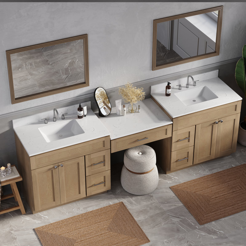 103'' Double Bathroom Vanity with Quartz Top, Natural Oak
