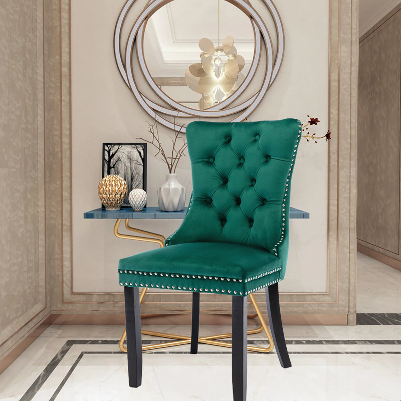 Tufted Velvet Wing Back Side Dining Chairs, Black, Green