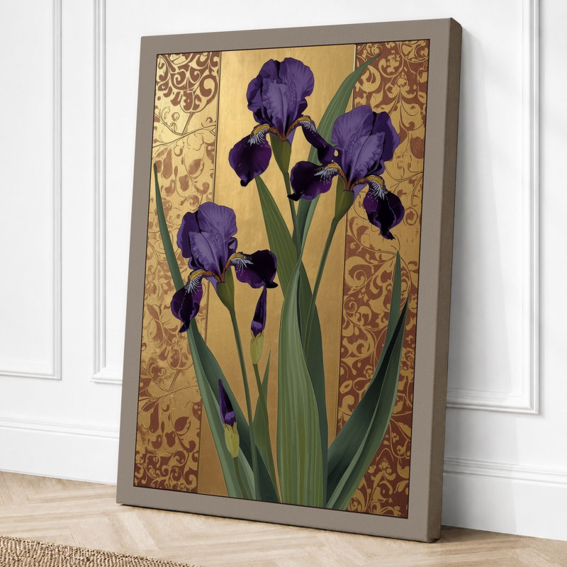 Irises Against Damask Botanical - Wrapped Canvas, 30x20 - 76.2 x 50.8 cm, Taupe Border