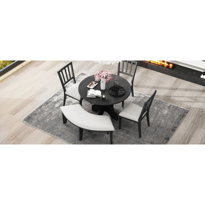 Salle à manger ronde de conception moderne - sièges rembourrés moelleux, 3 chaises, banc incurvé, charme de table rustique pour et salon en placage de bois naturel à dossier à lattes