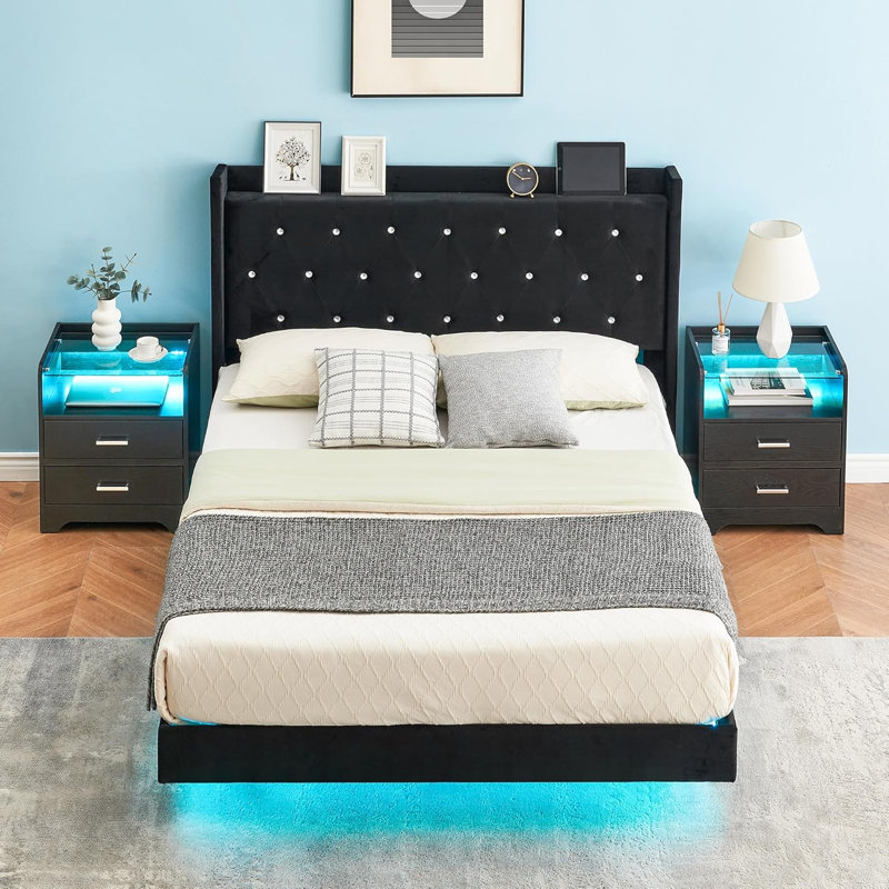 Full Size Bed Frame with LED Lights, Modern Wood Floating Bed Frame with Storage, Black, Full