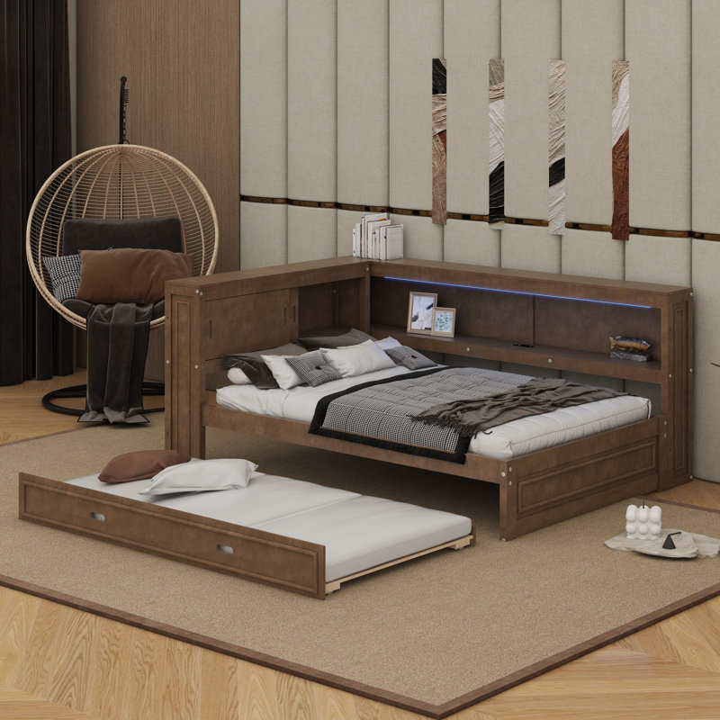 Full Size Wood Daybed With Storage Shelves And Trundle,Daybed With USB Ports And LED Light,Trundle Daybed For Teens