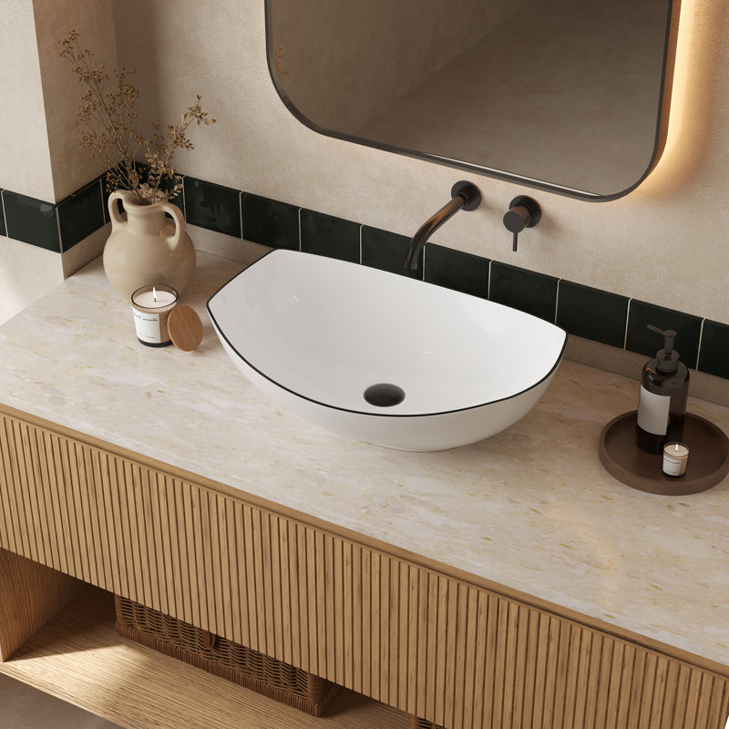 Lavabo de salle de bain vasque en céramique en forme de bateau 22 "x 16" avec bords noirs rayés Deervalley