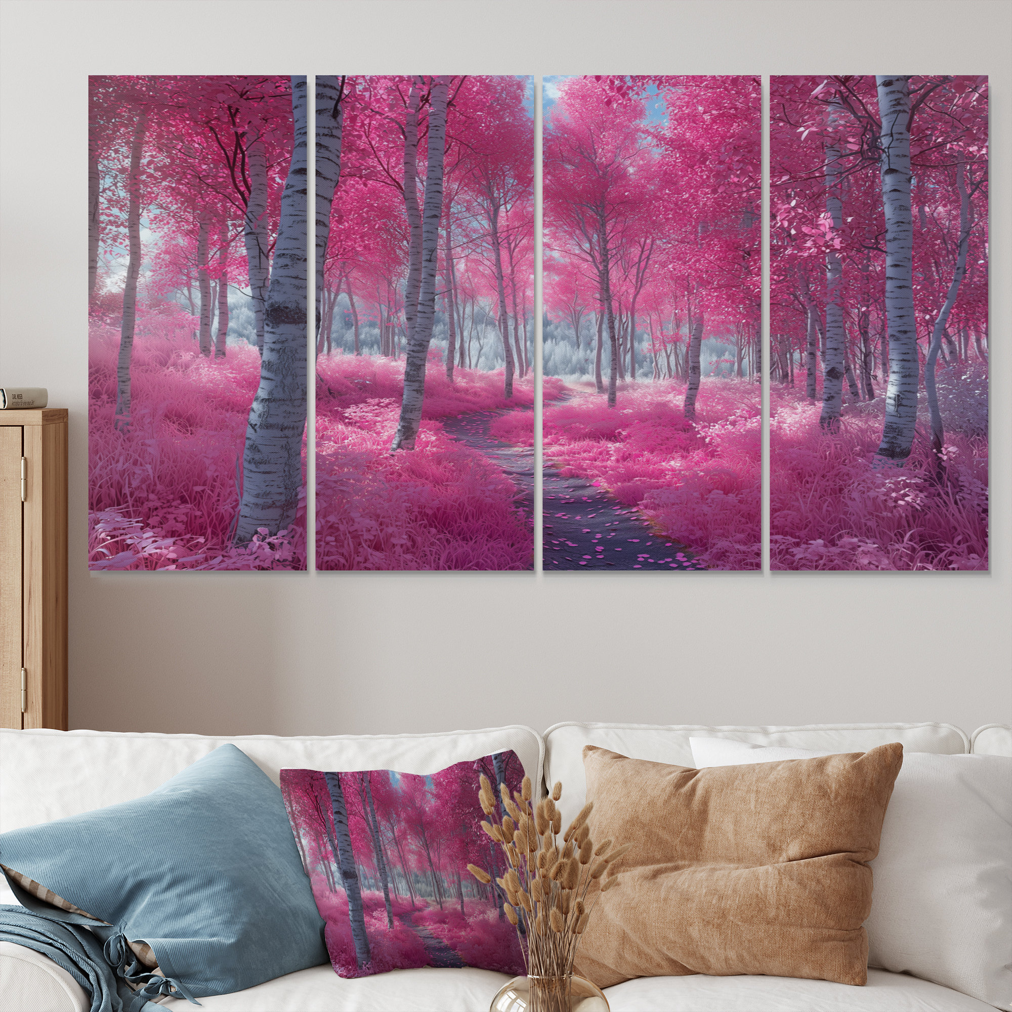 Millwood Pines Pink Birch Trees Forest Path Panorama III - Forest Wall ...