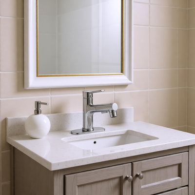 Robinet de lavabo de salle de bain avec douchette extractible, robinet de lavabo de salle de bain moderne à poignée simple avec bouchon de drain de lavabo escamotable et plaque de pont, chrome 