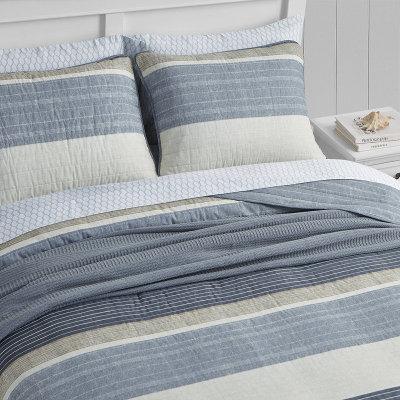 Full Blue Mirage Cotton Reversible Quilt Set