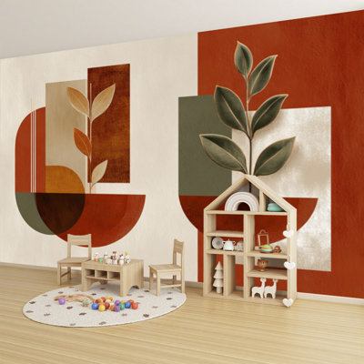Peel and Stick Wallpaper Modern Botanical Shapes Terracotta Art Print Mid Century Geometric Wall Murals 69"H x 96"W Removable PVC Wall Paper Self-Adhesive Wall Decor for Bedroom Living Room Home Office