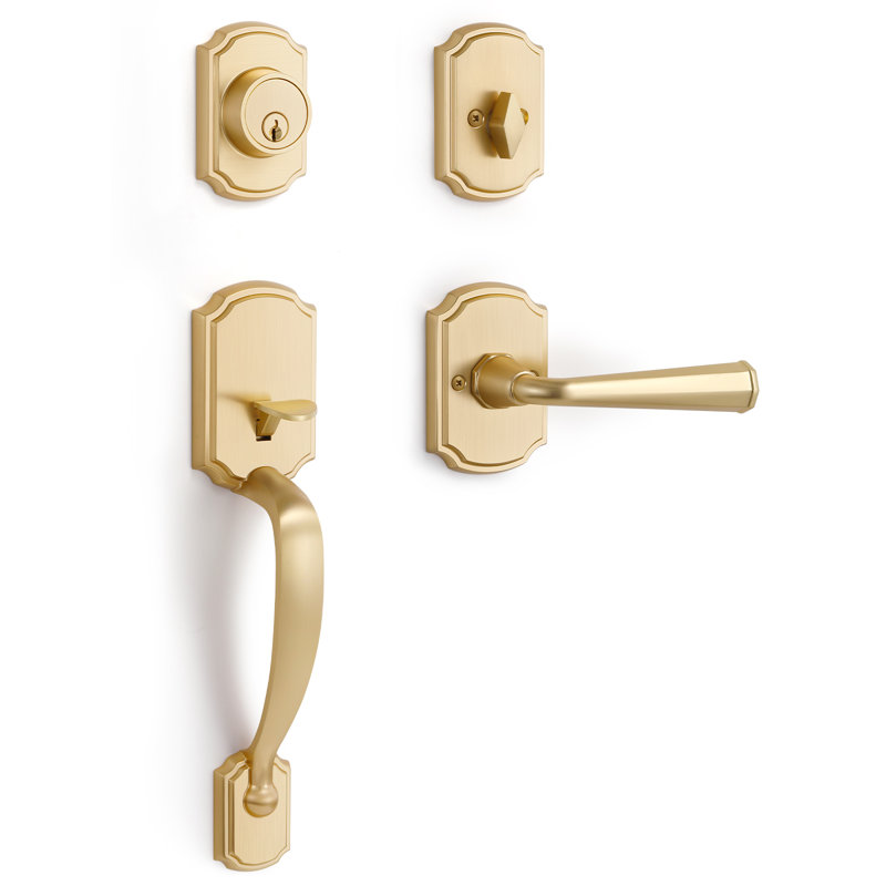 SORWDUERM - Ensemble de 1 poignée de porte avant dorée et serrure à pêne dormant réversible en laiton brossé avec serrure d'entrée à clé simple cylindre