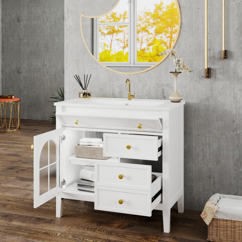 Meuble-lavabo de salle de bain 36 po avec éclairage à capteur de mouvement, verre à motif et armoire de rangement Farmhouse