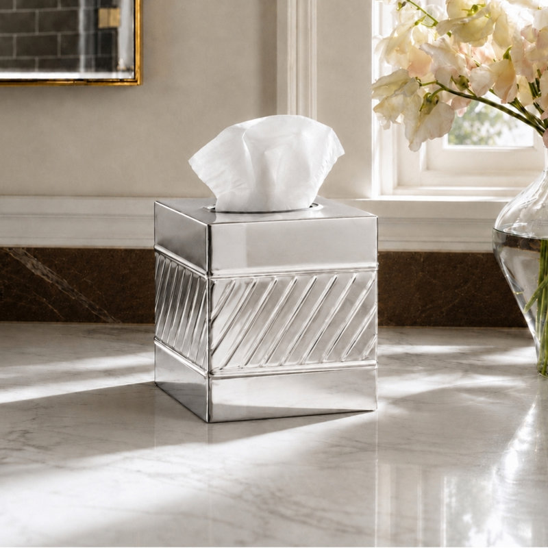 Wave Embossed Metal Tissue Box Cover, Nickel Chrome
