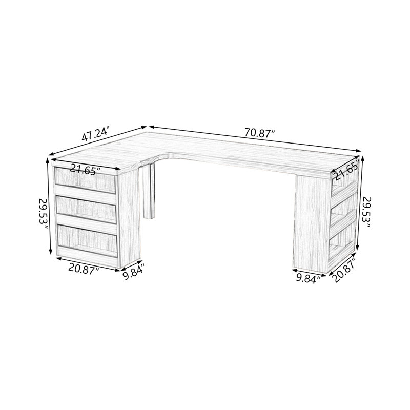 Bureaux rectangulaires en bois massif brun clair, Retour à gauche, H 29,53 po x l 70,87 po x P 47,24 po