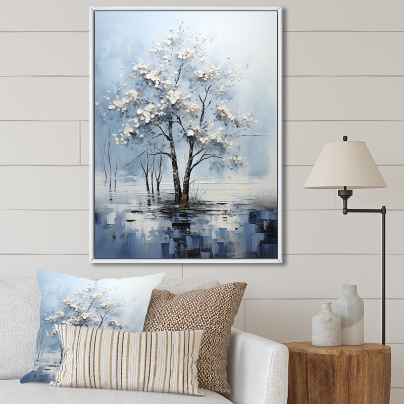 «Maple Trees In Stormy Blue Tones I» sur toile, Cadre flottant blanc, H 32 po x l 16 po x P 1 po