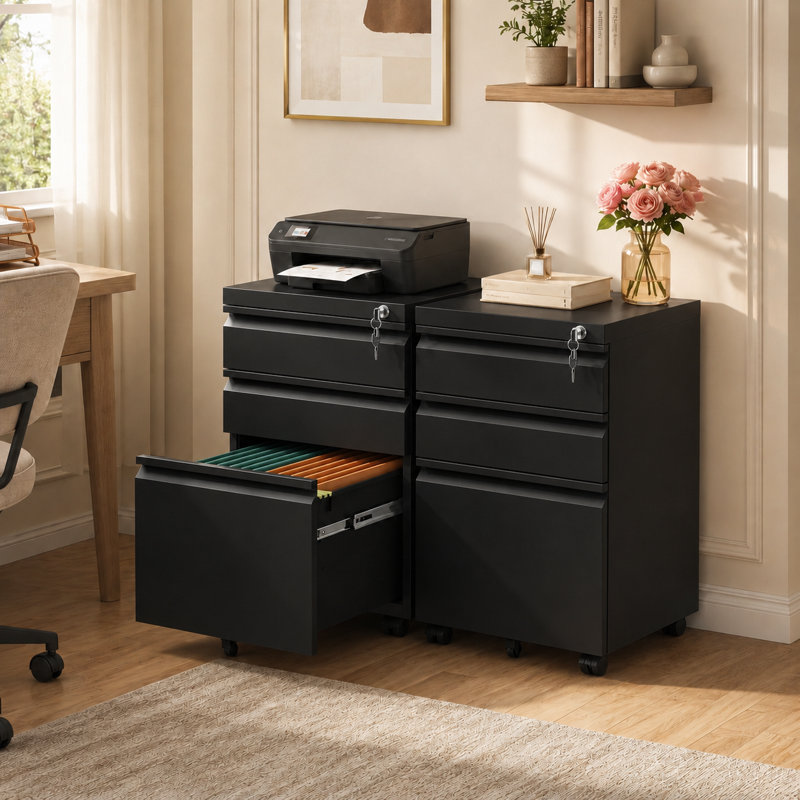 Bizoe 3-Drawer Mobile Steel File Cabinet with Lock and 5 Casters, Fully Assembled Except Wheels, Legal and Letter Hanging File Storage on Rolling Base for Home Office