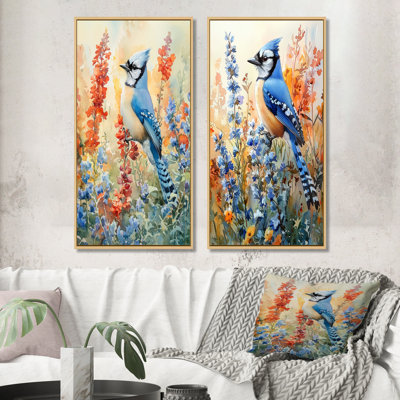 Geai bleu dans le jardin d'été I - Collection d'art mural 2 panneaux animaux