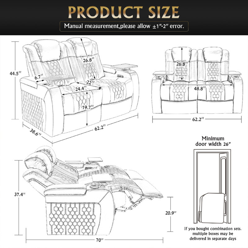 Luxurious Genuine Leather Sofa Recliner, Coffee Brown, Modern Home Theater Use
