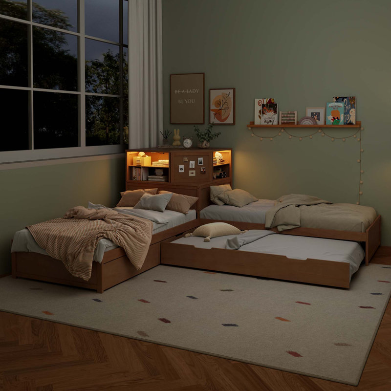 L-Shaped Combination Bed Frame with Trundle and Drawer,3-in-1 Low Corner Platform Bed Linked with Built-in Desk and Led Downlight
