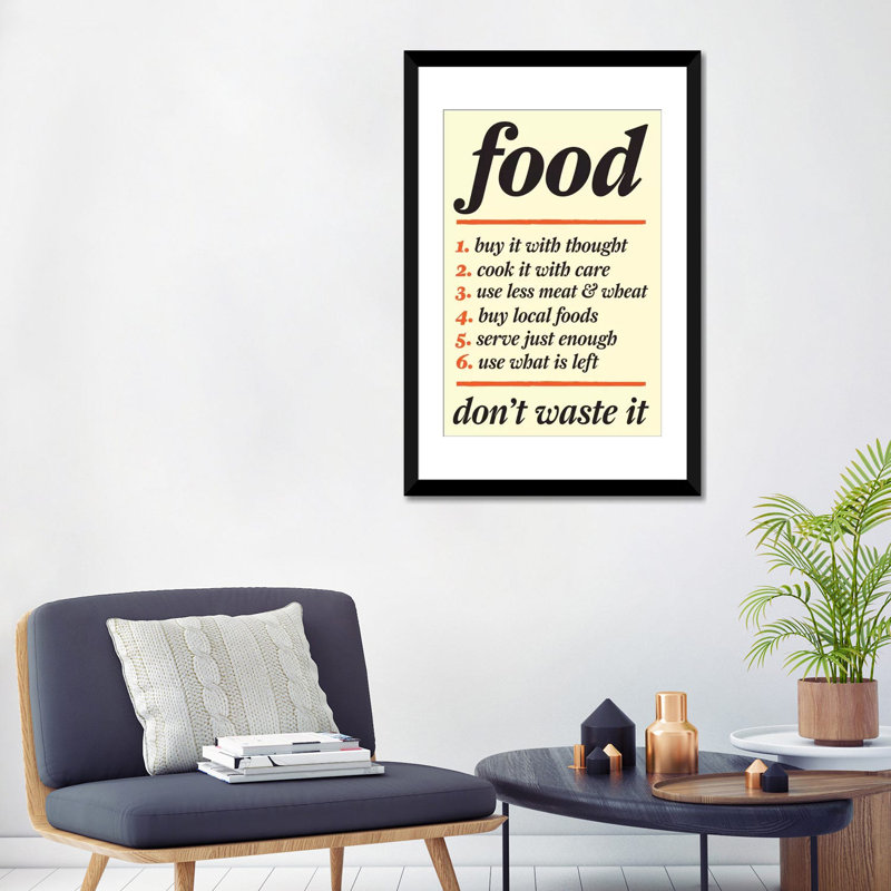 Art textuel sur toile, "not gaspilled food" Kitchen, H 24 po x l 16 po x P 1 po, Papier avec cadre noir, Blanc