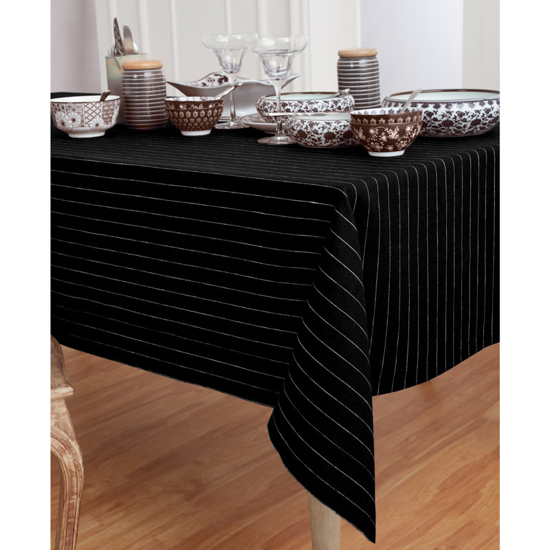 Pinstripe - 100% Pure Linen Tablecloth, Black/White, 90" x 60"