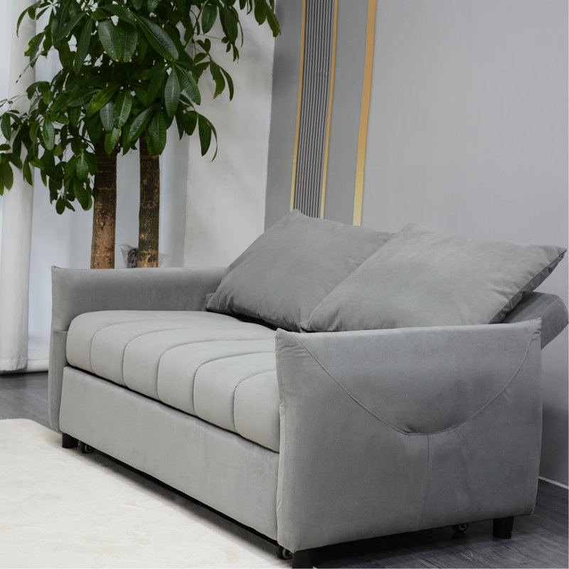 Lit en velours gris avec dispositif coulissant, 2 poches latérales et coussins, dossier réglable pour le salon, canapé-lit convertible, tissu, surface, véranda