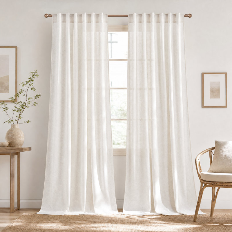  Semi Sheer Linen Curtains, Rod Pocket & Back Tab Thick Flax Blend Privacy with Light Filtering Window Treatments for Bedroom/Living Room, 2 Panels
