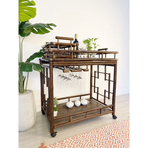 SOLD-Mid Century Modern two tier brass bamboo motif bar cart with