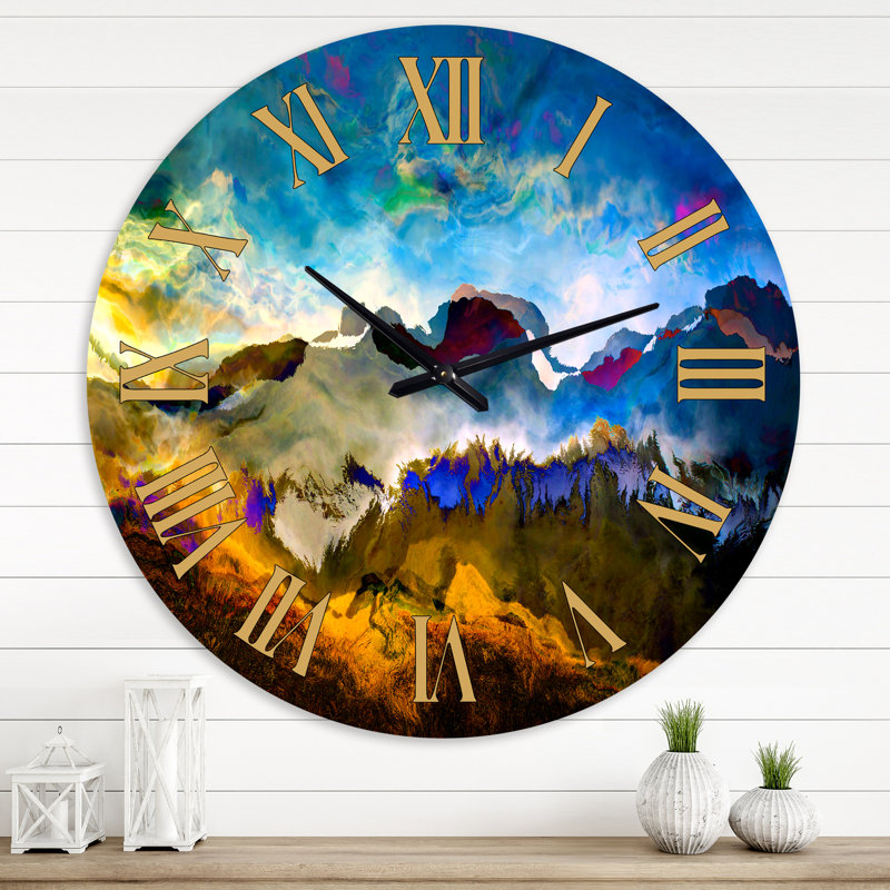 Paysage de montagne avec horloge murale campagnarde bleu foncé, Grand
