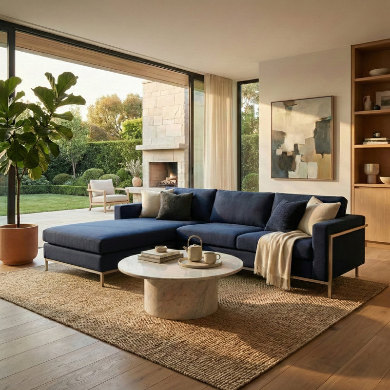 Davian Upholstered L-Shaped Sectional Reversible, Navy Wool Blend