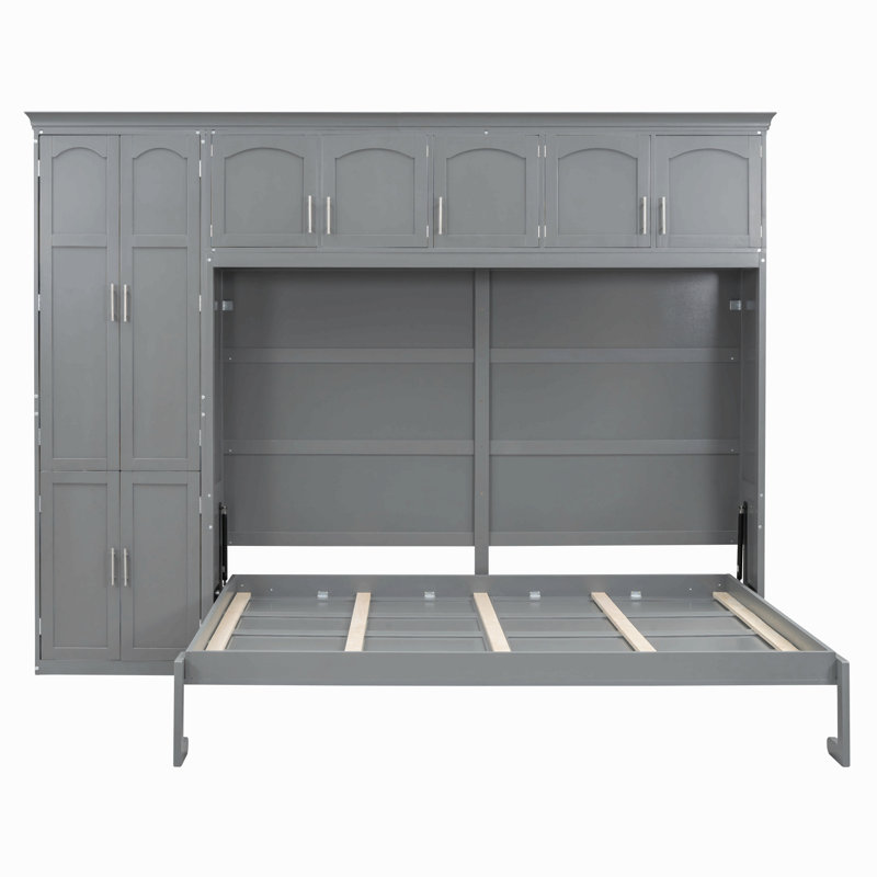 Grand lit escamotable mural avec armoires, gris