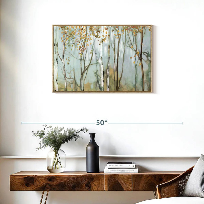Bouleau dans le brouillard II, Cadre flottant en bois naturel, 31 po x 21 po