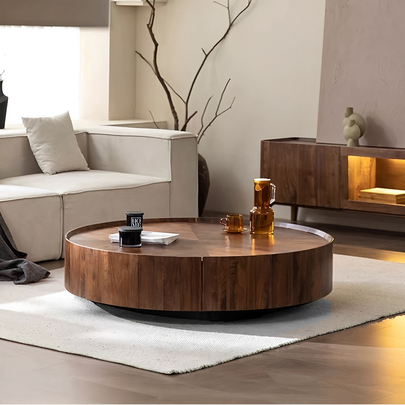 Pre-Assembled Walnut Round Coffee Table with Hidden Storage Drawers for Living Room or Home Office