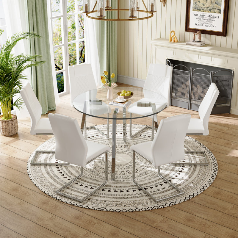 Glass Top Dining Set, 7, Silver, White/Silver