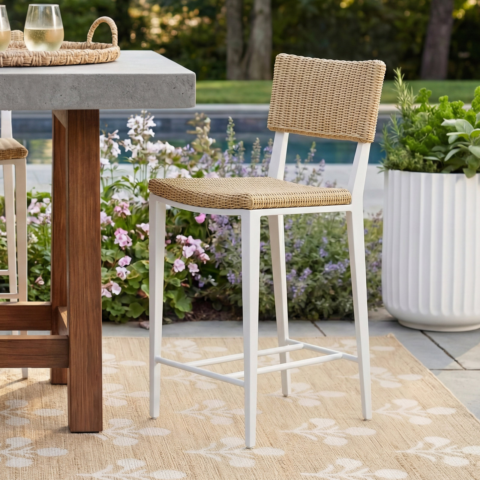 White Patio Bar Stool, Tan, 26.5", White