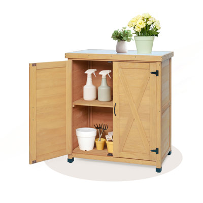 Potting Bench With Storage Cabinet And Metal Table Top, Outdoor Work Station Table
