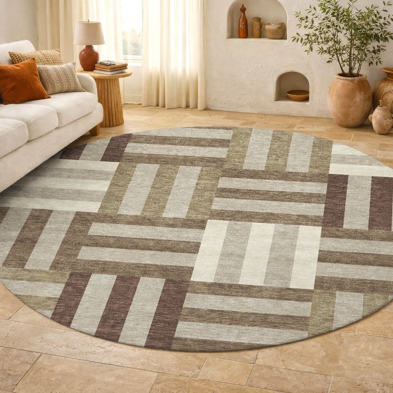 Premium Machine Washable Mayfield AMF2332 Geometric Rug, 8' Round, Brown