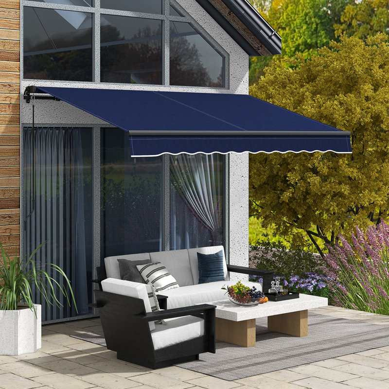 Auvent de patio rétractable 10 pi x 8 pi avec pare-soleil à commande manuelle. Matériau de 280 g / m², structure en aluminium robuste. Bleu pour terrasse, balcon, auvent rétractable de jardin, fonction abri. Protégé, robuste