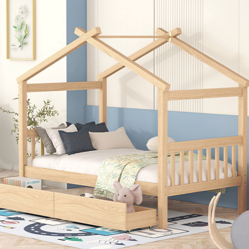 Lit simple en bois avec tiroirs (lit), Naturel