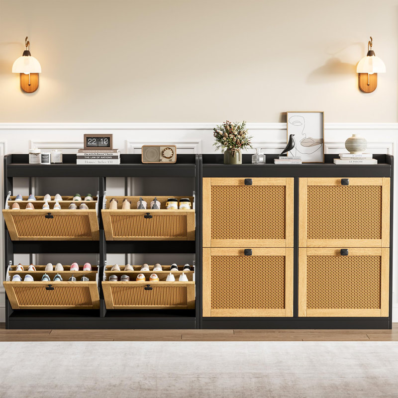  Armoire de rangement pour chaussures 4 tiroirs profonds et inclinables, portes en rotin et 3 tablettes réglables
