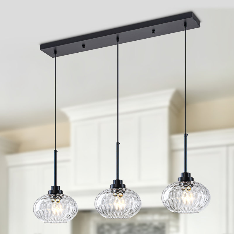 Aveline 3-Light Linear Kitchen Island Pendant With Hammered Glass Shade, Matte Black