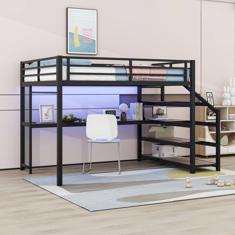 Lit mezzanine avec bureau et escalier de rangement, lumières DEL et ports USB, Grand