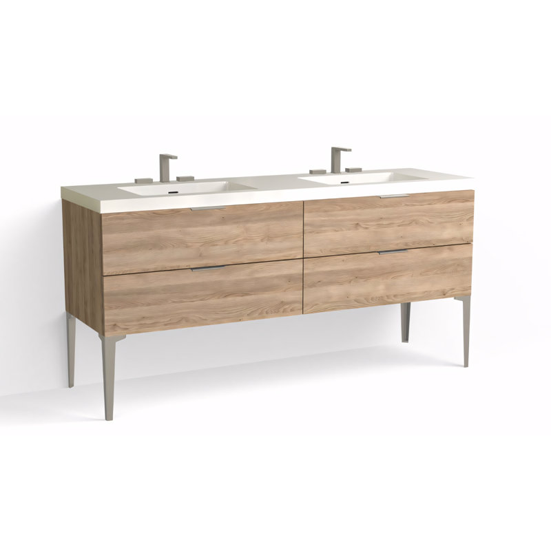 Avila 72" W Freestanding Double Bathroom Vanity with Dean Leg, Gloss White/8" Widespread, Nocino, Satin Nickel