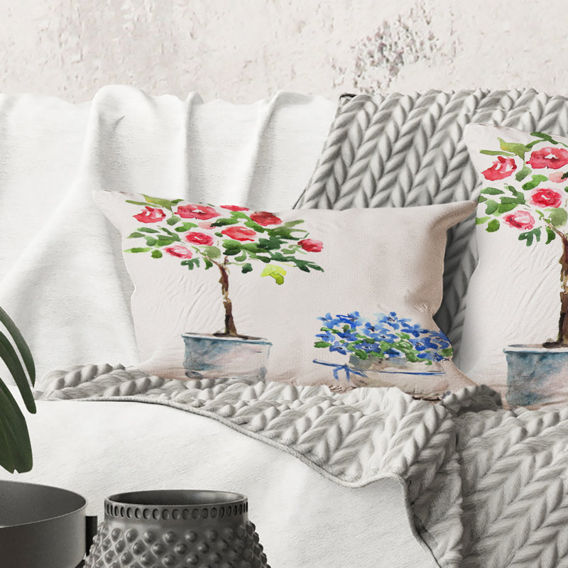 Rectangle, plantes d'intérieur bleues et rouges - Coussin décoratif imprimé traditionnel