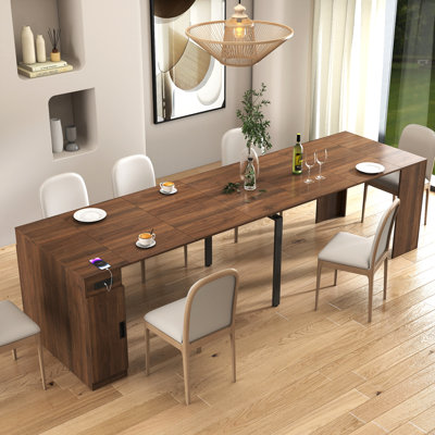 118''-23.62'' Multifunctional Extendable Dining Table With Outlet, Space Saving Kitchen Table With 5 Extension Panels