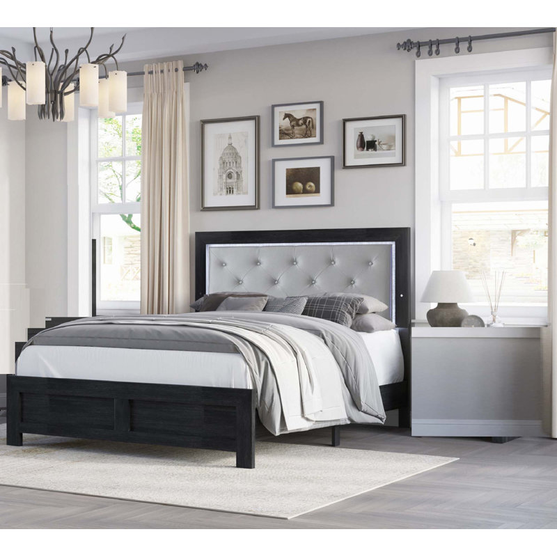 Lit à panneau moderne 1Pc avec éclairage de tête de lit (seulement lit), Noir / gris, Grand