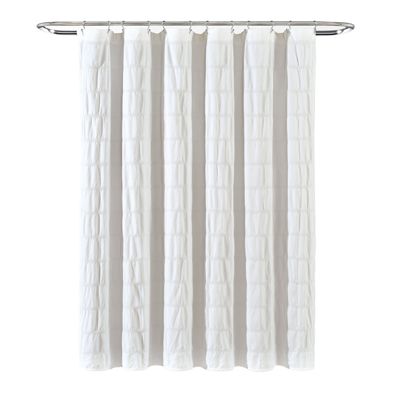 Waffle Stripe Woven Cotton Cotton Striped Shower Curtain, White
