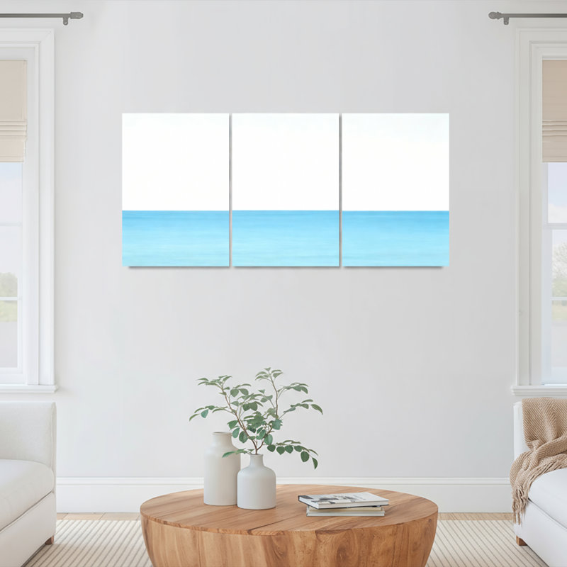 Ensemble de 3 tableaux abstraits sur toile tendue représentant un horizon océanique, H 36 po x l 72 po